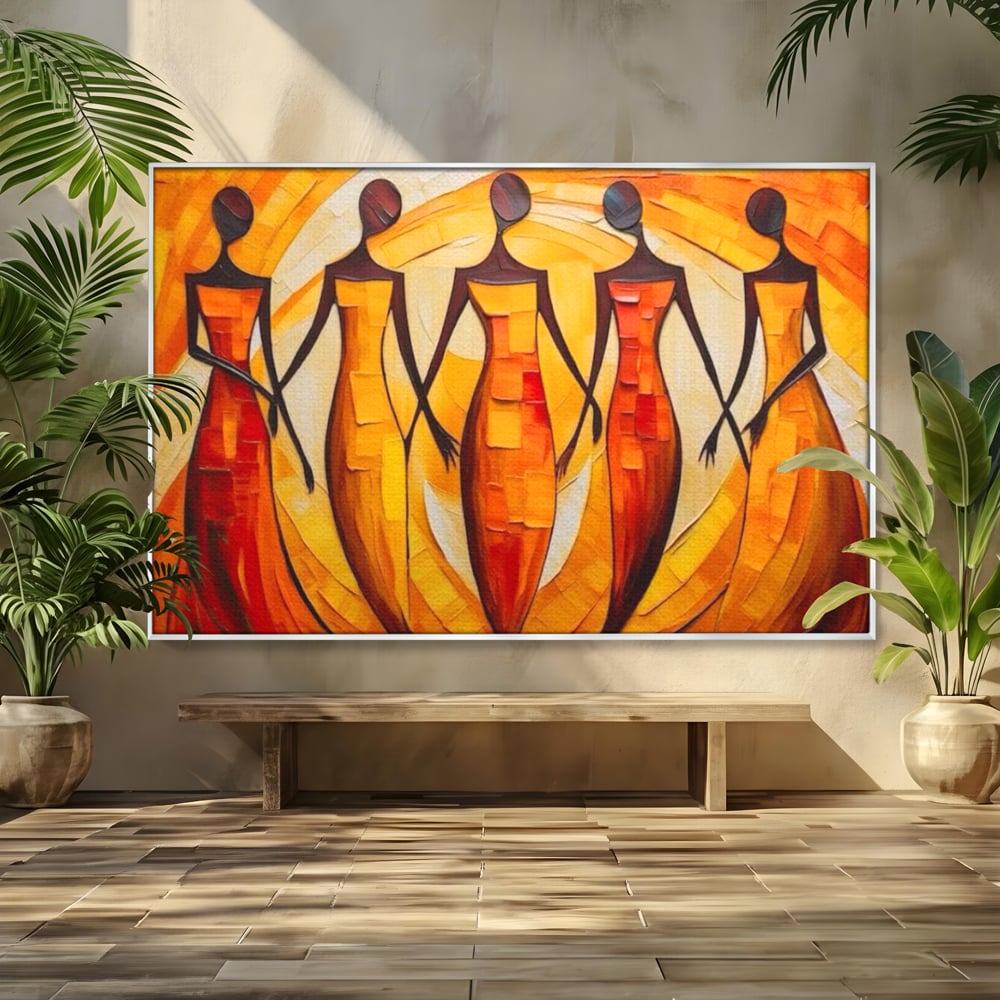 Tablou canvas cu pictura abstracta cu cinci femei stilizate, in rama de aluminiu argintiu